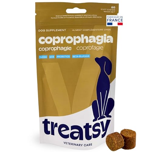 Treatsy Coprophagie Chien – Complément Vétérinaire Contre l’Ingestion de selles (coprophagie) pour Chiens – Yucca, Probiotique Enterococcus faecium, MOS & Bêta-Glucanes – 60 Bouchées Vétérinaire