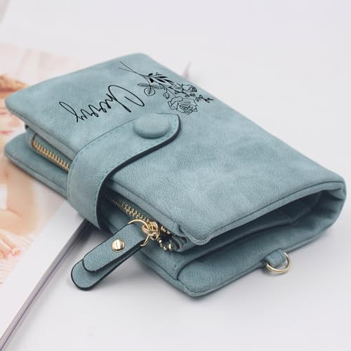 Personalized Peacock Blue Small Leather Wallet Custom Birth Month Flower & Name Coin Purse Card Holder for Women Girls Customized Gift for Birthday Christmas Mothers Day3
