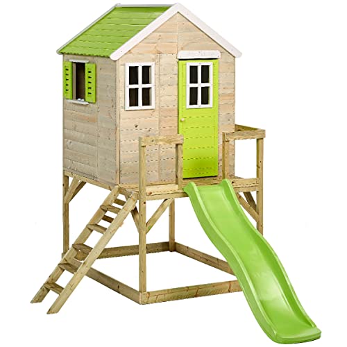 Maison de jardin enfant extérieur - Cabane en Bois avec plancher - Toit étanche - Vert et Blanc (Maison en bois + plateforme + Toboggan)