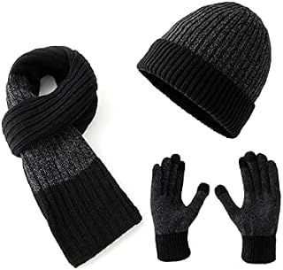 Lallier Winter 3Pcs Men's Wool Hat Scarf Touchscreen Gloves Set, Warm Beanie Skull Cap Scarf Thermal Glove Set for Men