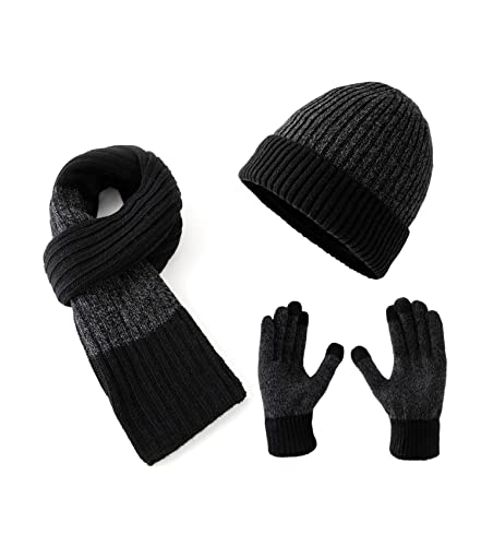 Lallier Juego de 3 gorros de lana para hombre, bufanda, guantes con pantalla táctil, gorro cálido de invierno, gorro de calavera, bufanda, juego de guantes térmicos para hombre, Negro