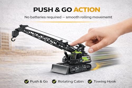 Image of Prime Brands Construction Crawler Crane Toy for Kids 360 Rotating Crane Truck with Liftable Arm & Movable Hook, Push & Go Construction Vehicle, Durable ABS Crane Toy with Rubber Tracks & Timber Logs