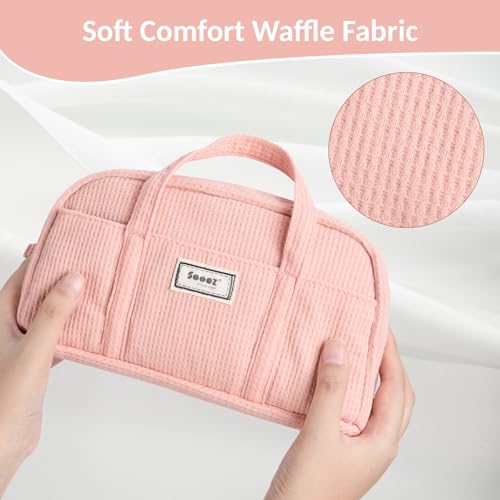 Image of Sooez Large Pencil Case Pouch, Extra Big Pencil Bag with 5 Compartments, Pen Bag Wide Opening, Soft Waffle Pencil Pouch Organizer with Zipper, Cute Aesthetic School Supplies for Girls-Pinkish Orange