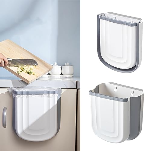 Small Foldable Hanging Kitchen Trash Can for Kitchen Counter， Plastic Waste Bin for Cabinet, Wall Mounted 2.4 Gallon Wastebasket for Kitchen, Bathroom, Bedroom (Grey)