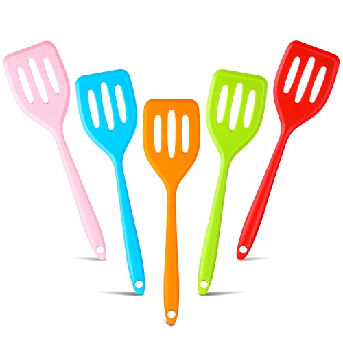 mini pink spatula - 5 Pack Small Silicone Turner High Heat Resistant Slotted Spatula Silicone Spatula Turner Slotted Fish Turner Spatula Set Flipper Mini Serving Spatula for Cooking (Red, Blue, Green, Orange, Pink)