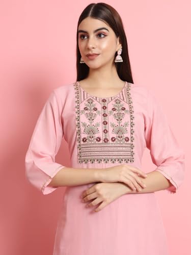 Image of VredeVogel Women's Silk Blend Embroidered Kurta with Pant & Viscose Print Dupatta Set