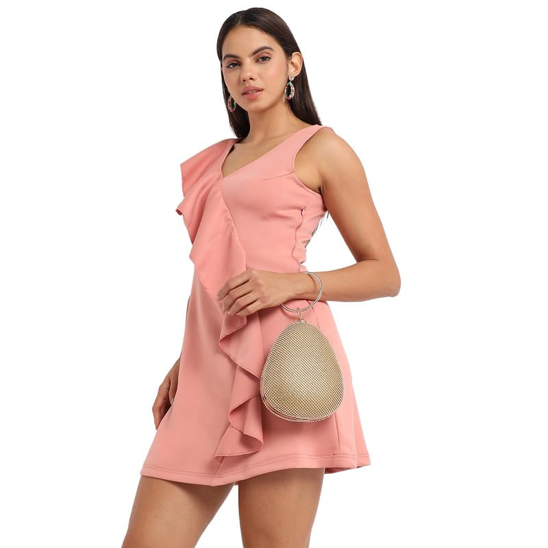 Image of Campus Sutra Women's Salmon Pink Asymmetrical Ruffle Dress for Casual Wear | V Neck | Sleeveless | Mini Length | Polyester Dress Crafted with Comfort Fit for Everyday Wear
