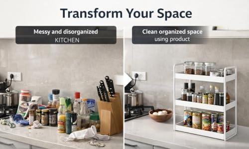 Image of SJC GLOBAL Premium 3 Tier Heavy Duty Metal Rack Kitchen Counter Top Organizer Rack Multipurpose Spice Organizer Masala Stand Bathroom Shelf Cosmetic Holder Kitchen Storage Rack Freestanding White
