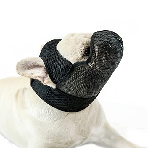 Bulldog Muzzle with Mesh Cover, Breathable Short Snout Dog Muzzle Anti-Biting Chewing (M,Black)