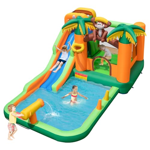 Maxmass 7 in 1 Inflatable Water Park Outdoor Bouncy Castle with Splash Pool Water Cannon Climbing Wall Basketball Hoop Trampoline Children Bounce House Jumping Castle (without 50 Ocean Balls)
