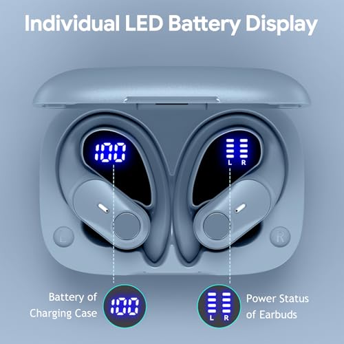 Image of Active Noise Cancelling Ear Buds Wireless Earbuds 80H Playtime Bluetooth Headphones with LED Display Case, Hi-Res Audio Clear Calls Earphones with Over Ear Hooks for Running Gym Workout Sierra Blue