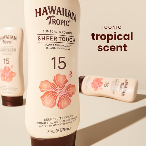 Image of Hawaiian Tropic Sunscreen Sheer Touch Broad Spectrum Sun Care Sunscreen Lotion - SPF 15, 8 Ounce | Radiant finish, Oil-free body sunscreen, Water resistant sunblock, UVA /UVB broad spectrum protection, Island tropical scent