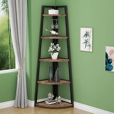 LOVEZOE 5 Tier Corner Shelf, White Bookshelf for Home Office Living Room, E1 Particle Board with Metal Frame, Space Saving Design