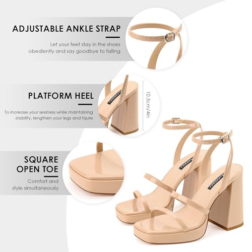Image of MIRAAZZURRA Platform Strappy Heel Sandals Square Open Toe Two Strap Chunky High Heeled Sandals with Buckle Ankle Strap for Women Party Wedding Dress