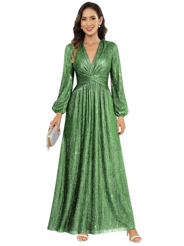 Image of Women's Formal Wedding Guest V Neck Glitter Sequins Mother of The Bride Dresses Long Sleeve