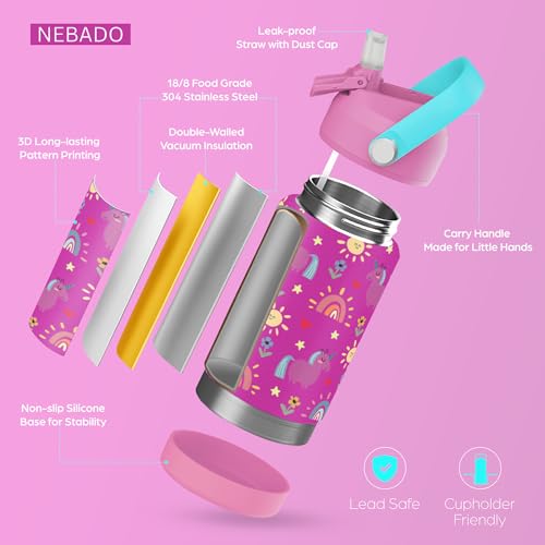 Image of Kids Stainless Steel Insulated Water Bottle with Straw 12oz - Leak Proof Toddler Insulated Cup for School, BPA Free with Handle & Non-Slip Silicone Base, Dishwasher Safe, Whimsical Pink