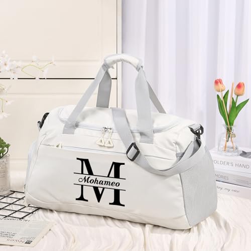 Personalized Duffel Bag with Name, Travel Duffel with Wet Pocket & Shoe Compartment, Sport Gym Bags for Women/Men, Overnight Bag for Traveling and Sports Enthusiasts (Style 1-White)3
