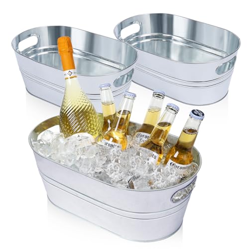 Dualshine 3 Pcs Galvanized Tub 3 Gallon Ice Bucket Metal Drink Buckets For Parties Beer Beverage Tub With Carry Handles For Champagne Cocktails Wine Cooling For Mimosa Bar Supplies cover
