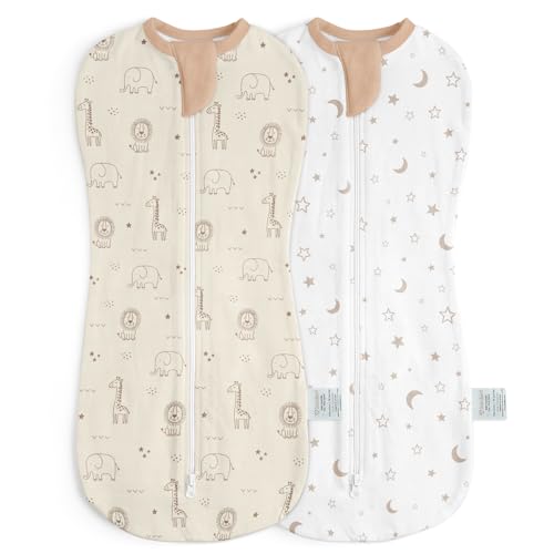 Image of Baby Swaddle 0-2 Months, Cotton Arm-In Zipper Sleep Sack, Wearable Blankets Wrap for Newborn Infant Girls and Boys (Woodland Animal, Star Moon, Pack of 2)