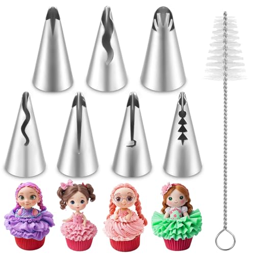 DOPENSPI 7PCS Pleated Skirt Piping Tips with Cleaning Brush, 430 Stainless Steel Frosting Tips Cake Decorating Tip Icing Tip Nozzle Tool for Pastry Bags Cupcakes Cake Decorating