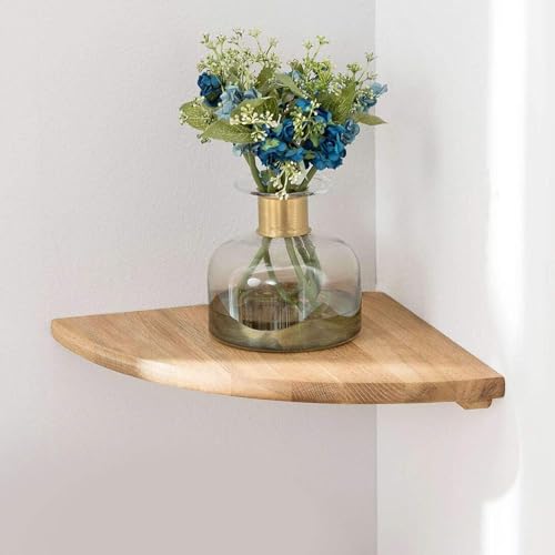 Image of 7in Oak Wood Floating Corner Shelf Wall Mount Round End Display Shelf with Wire Hole for Small Plant Photo Frame, Bedroom Kitchen, Living Room