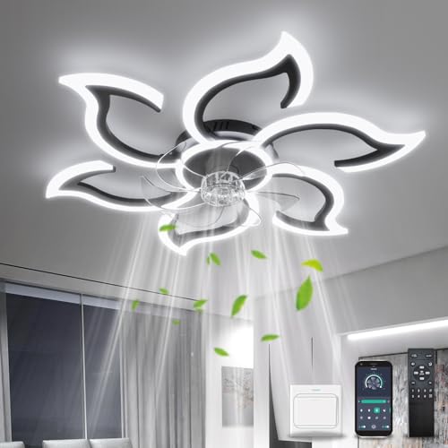 YOLEDY Lampara Ventilador Techo Dormitorio, 88cm Ventilador Techo con Luz y Mando a Distancia, Diseño en Forma de Flor, Plafon Led Techo Ventilador Silencioso, Regulable, Motor DC, Negro