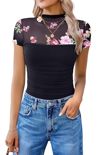 Image of Avidlove Women's Short Sleeve Bodysuit Turtle Neck Body Suits Mesh One Piece Leotard Going Out Tops Date Outfits