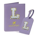 COSHAYSOO Purple Passport Cover and Luggage Tag Set TSA Approved with Her Initial Chenille Letter Patch, Fashionable Travel Bag Backpack Suitcase Identifier Gifts for Granddaughter Grandma Mother (L)