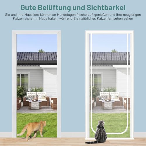 Earrck Katzengittertür, verstärkte Maschendrahtgittertür für die Einführung Neuer Katzen, Haustiere drinnen halten, Kratzfest, doppelseitiger Reißverschluss, weiß (passend für Türgröße: 90cm x 210cm)