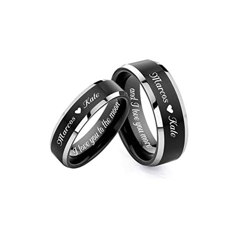 Personalized Wedding Band Black & Silver Two Tone Ring Couples Ring Set Custom Engraved - Ships from USA Cover