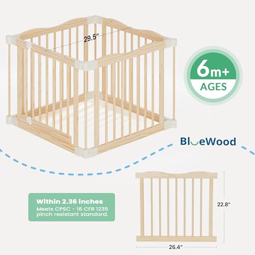 Image of Foldable Wooden Playpen - Adjustable Wood Baby Play Yard with Door, Indoor Large Safety Fence for Babies and Toddlers - Easy Assembly, Natural, 30 x 30 x 24 inches