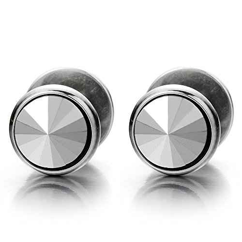 8Mm Mens Stud Earrings Stainless Steel Illusion Tunnel Plug Screw Back With Metallic Spike Cz, 2Pcs #TOP14