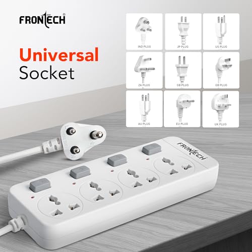 Image of Frontech 4-Way Power Extension Socket | 2000W Heavy-Duty Power Strip | Individual Switches with LED Indicators | Universal Sockets | 3M Copper Cable | Fire-Resistant Body | 1 Year Warranty (FT-3565)