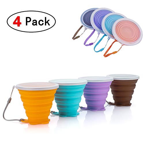 JBER Silicone Collapsible Travel Cup, 4 Pack Silicone Folding Camping Cup with Lids