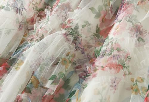 Womens Floral Tulle Skirts Ruffle High Waist A-line Skirt Layered Pleated Flowy Fairy Skirt Fashion Party Long Dress2