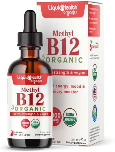 LIQUIDHEALTH Methyl Vitamin B12 Organic Liquid Pure Drops, Methylcobalamin Energy Boost, Focus Improve Memory, Natural Metabolism Vegan Safe Sublingual Hydroxocobalamin