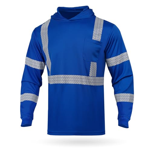 GLIMMR Hi Vis Hoodie Safety Reflective High Visibility Long Sleeve T Shirts with Hood for Men Class 3 Construction Workwear,Blue L