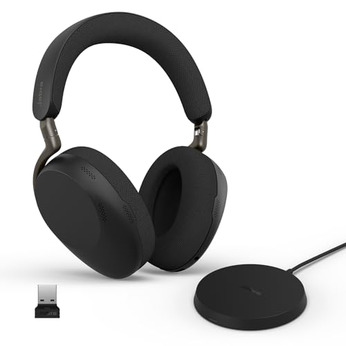Jabra Evolve3 85 Over-Ear Wireless Bluetooth Headset with Mic and Wireless Charging Stand for Work, USB-A, AI Voice Call Technology, Adaptive ANC, 25-Hour Battery, Works with Meeting Apps, Black