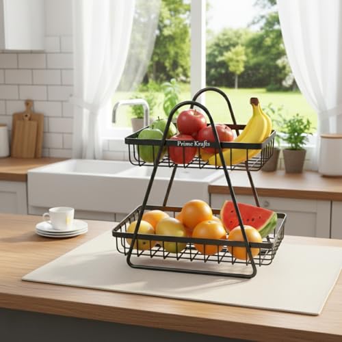 Image of 2 Tier Metal Fruit and Vegetables Basket with Handle|Fruit Vegetables Snacks and Bread Organizer for Kitchen, Dining Table, Livingroom|Bathroom Countertop Basket Stand - Black
