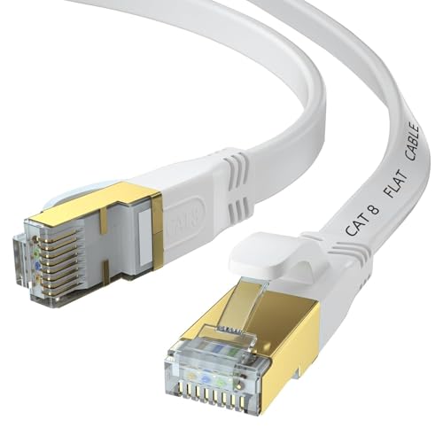Image of Ohmvolta Cat 8 Ethernet Cable 1m White, Outdoor and Indoor Flat S/FTP Patch Cord 40Gbps, 2000MHz High Speed RJ45 Network Cable for Gaming Router Modem, Backward Compatible with Cat7 Cat6 Cat5