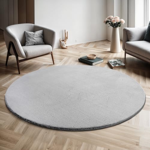 the carpet Relax Modern Fluffy Short Pile Rug, Non-Slip Underside, Washable up to 30 Degrees, Super Soft, Fur Look, Grey, 120 x 120 cm Round