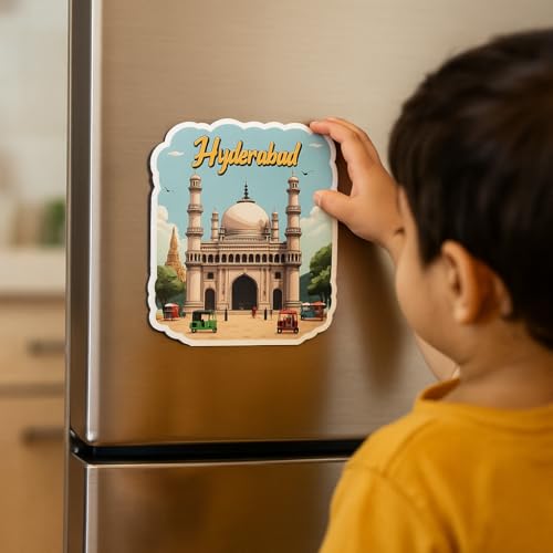 Image of Naxon Hyderabad City Theme Souvenir Wooden Fridge Magnet - 3x3 Inch Stylish Refrigerator Magnet for Kitchen & Home Decor | Travel Souvenir Gift with Charminar Design | Pack of 1