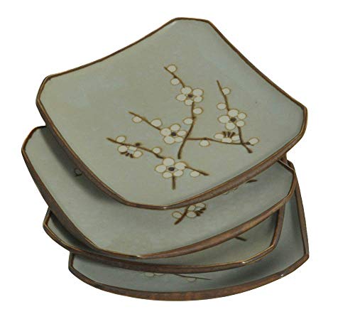 M.V. Trading MJSP253S4V Japanese Cherry Blossom Square Bread/Butter/Salads Plates Set, Sold as 4 Plates, 5-1/4 (L) x 5-1/4 (W) x 0.75 (H) Inches