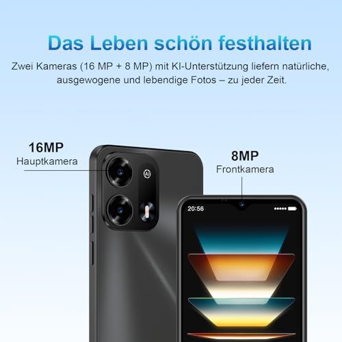 invens Note TK02 Handy Ohne Vertrag - 12GB(4+8)+128GB /256GB Smartphone Ohne Vertrag Android 14, 6,52 Zoll Bildschirm 4500mAh Handy Günstig, 16MP+8MP Kamera, 4G Dual SIM/Face ID/GPS/3.5mm Jack Blau