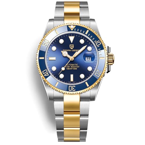 Pagani Design Men's Automatic Watch Business Waterproof Analog Automatic Watch NH35 Ceramic Movement Rotating Bezel Sapphire Crystal 100M Waterproof Stainless Steel Luxury Watches. (BLUE GOLD)