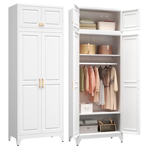 Polup Metal Armoire Closet, 86 Inch Tall Wardrobe Armoire with Hanging Rod, Almirah for Clothes with Doors, 18" D x 32" W x 86" H, White, Assemble Required, Shipped in Two Packages White 86"