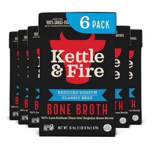 Kettle and Fire Reduce Sodium Beef Organic Bone Broth, Keto, Paleo, Whole 30 Approved, Gluten Free, 17g of Protein, Natural Source of Collagen, Pack of 6