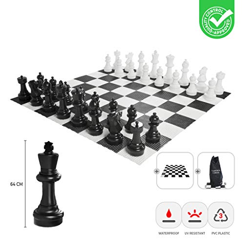Ubergames XXXL Gartenschach Spiele - Giga Schachfiguren bis 64 cm Groß - Wasserdicht und UV-beständig (Schachfiguren + Boden und Tasche)