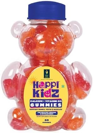 Happi kidz Calcium + Vitamin D Gummies for Kids | Daily Support for Growth, Teeth and Strong Bone Development, Immunity Booster | Trusted Daily Supplement for Kids | 60 Gummy | Strawberry