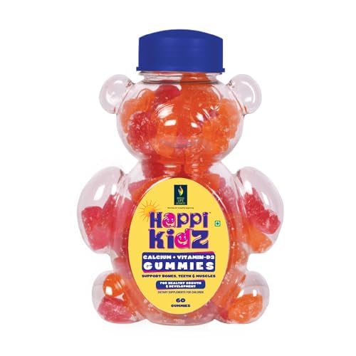 Happi kidz Calcium + Vitamin D Gummies for Kids | Daily Support for Growth, Teeth and Strong Bone Development, Immunity Booster | Trusted Daily Supplement for Kids | 60 Gummy | Strawberry